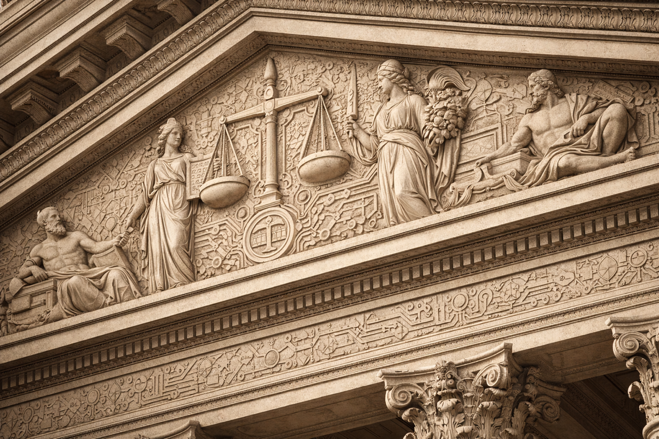 A close-up of a classical Greco-Roman building but with circuit iconography embedded in the facade and columns.