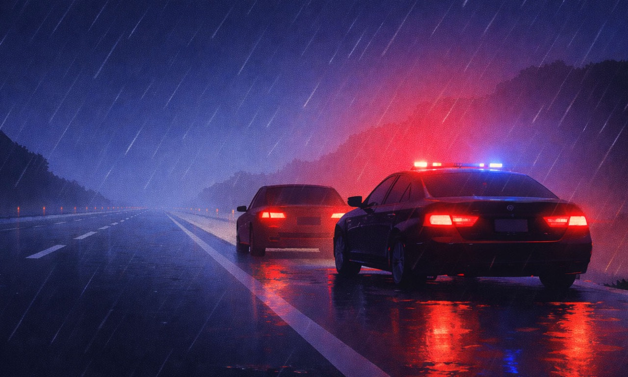 Illustration of a police traffic stop at night.