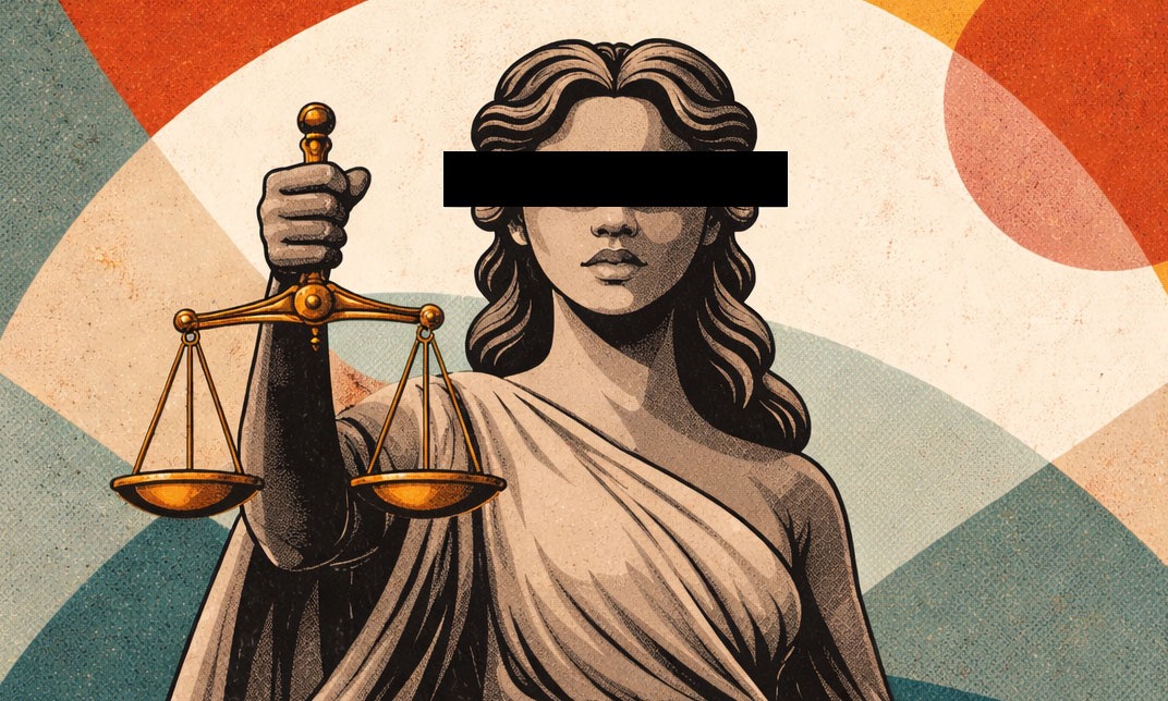 Lady justice with a black redaction bar covering her eyes serving as a blindfold.